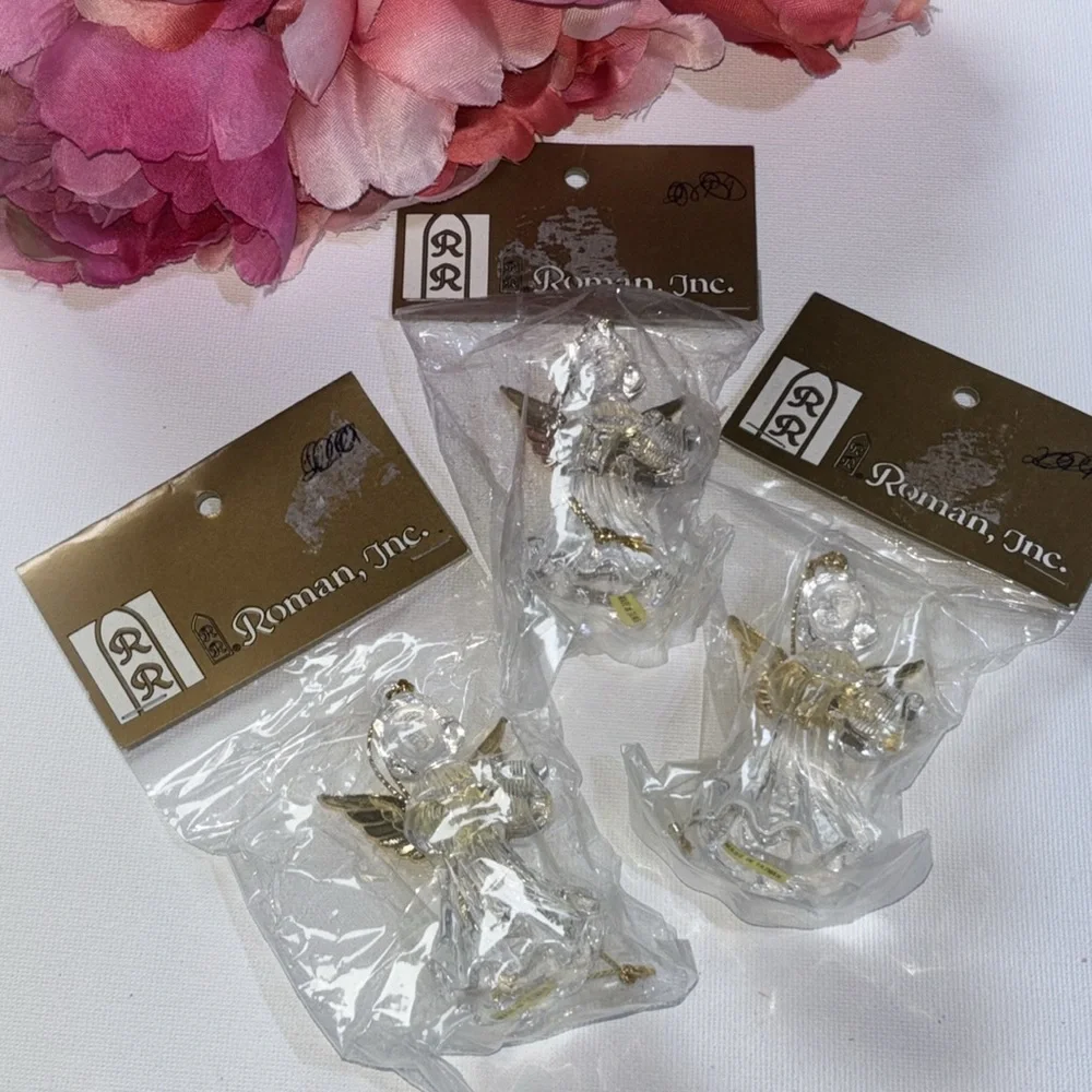 Clear Angel Ornament Set of Three Vintage Clear Angel Ornaments VTG NEW ROMAN